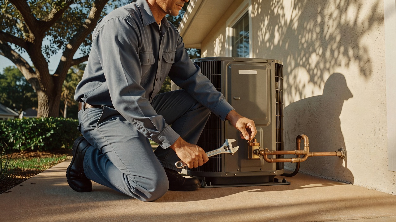 Technician at an outdoor condenser